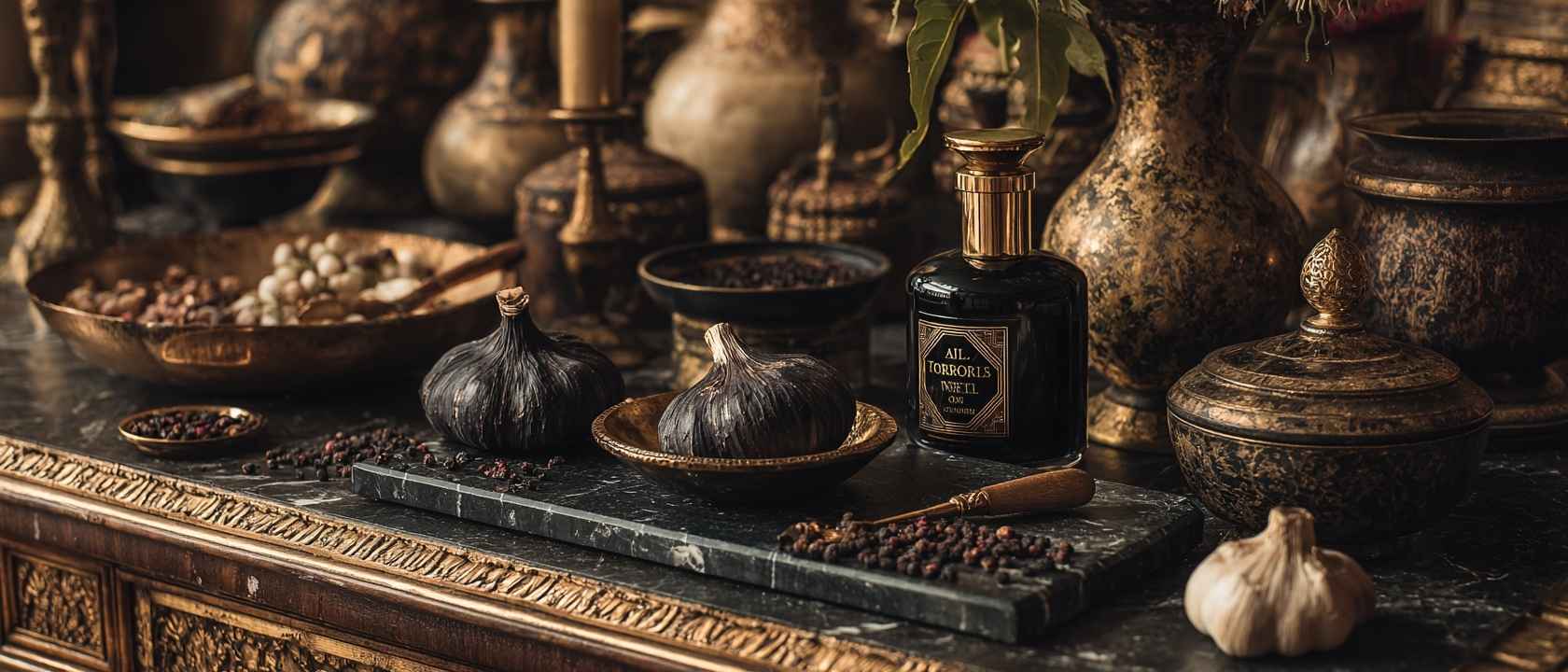 Etagere en marbre veinée avec ail noir et pots apothicaires