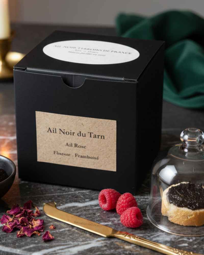 Présentation de l' ail noir rose du Tarn .Sa boîte noire kraft