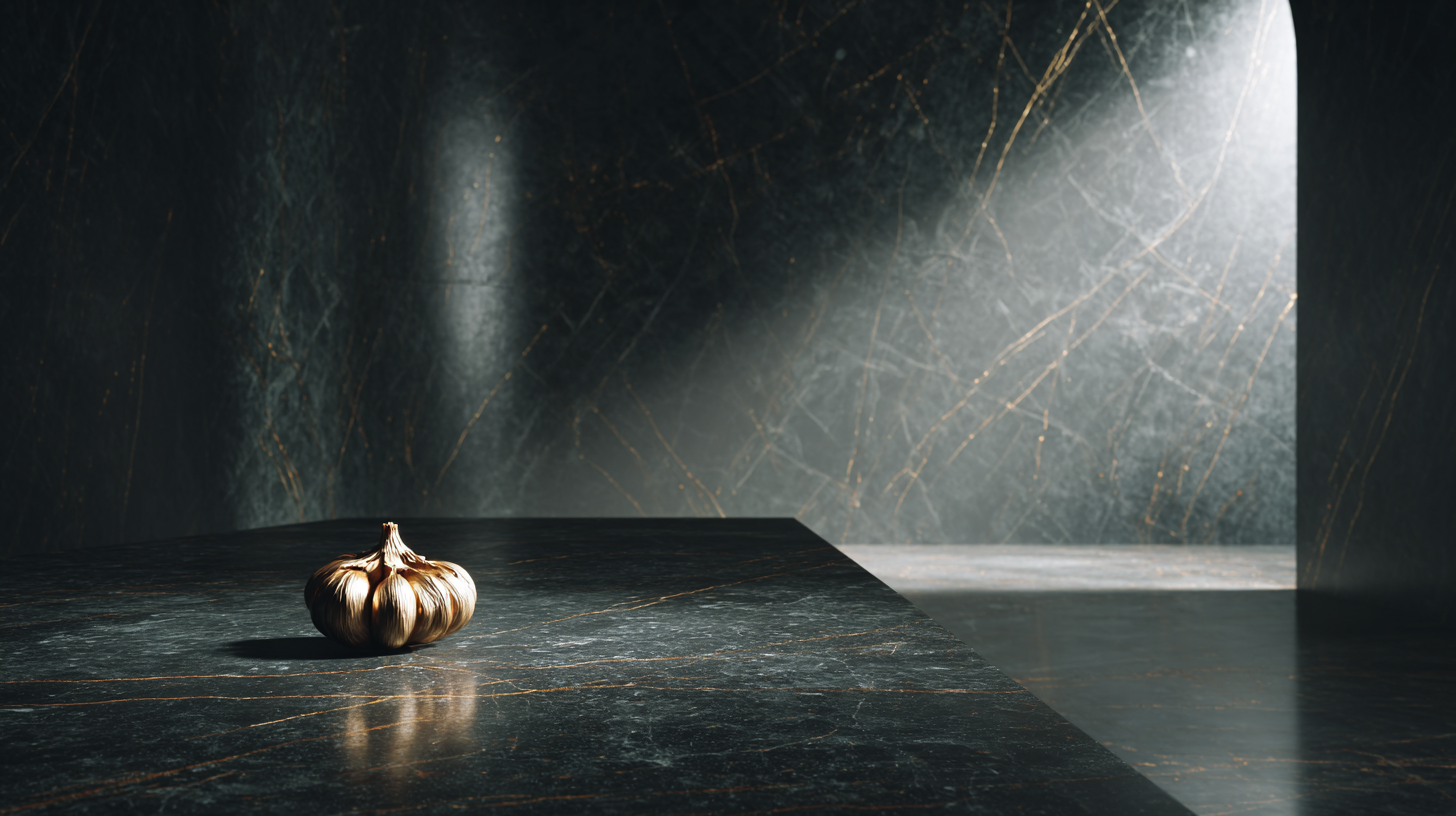 Une unique tête d'ail noir à contre jour sur une table ronde en marbre noir