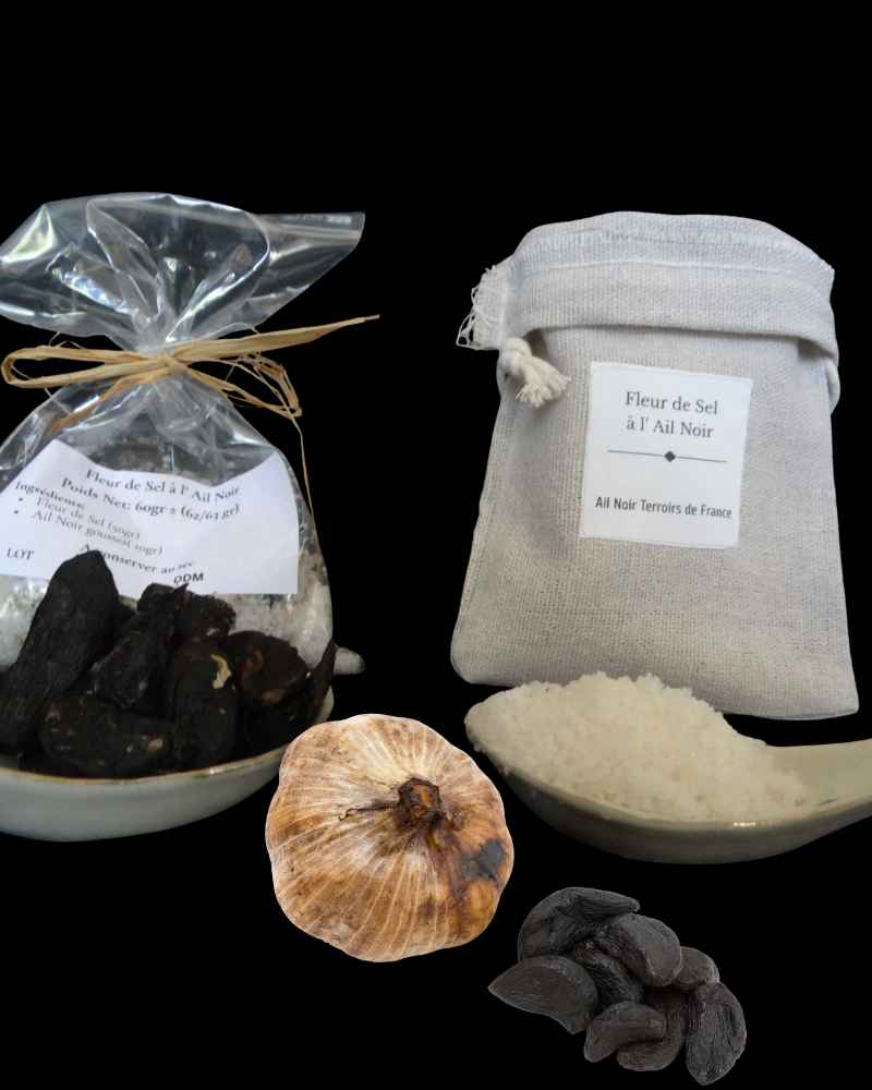 Composition en images du sachet Fleur de Sel à l' Ail Noir (gousses et fleur de sel )